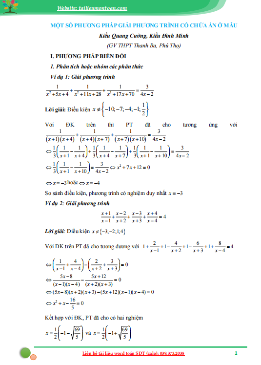 Một số phương pháp giải phương trình chứa ẩn ở mẫu